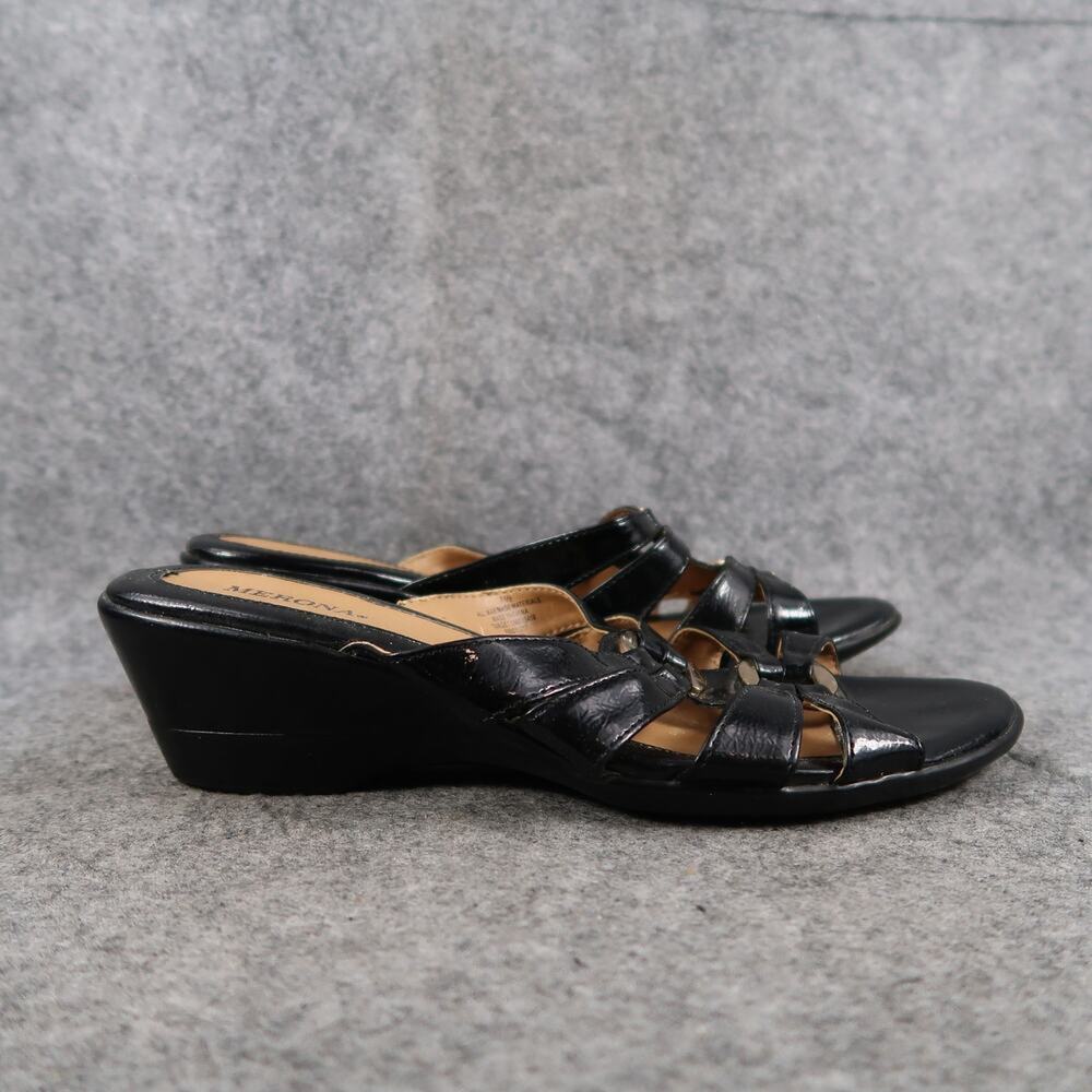 Merona Shoes Womens 7.5 Sandal Wedge Slip On Fashion Black Patent Strappy Casual